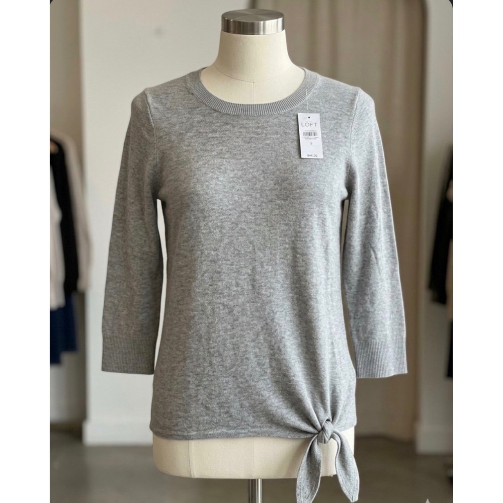 LOFT Heather Gray Side Tie Knit Sweater Crew Neck 3/4 Sleeve Top